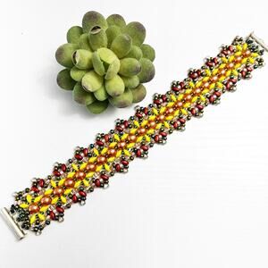 Vintage Metallic Beaded Flower Cuff Bracelet